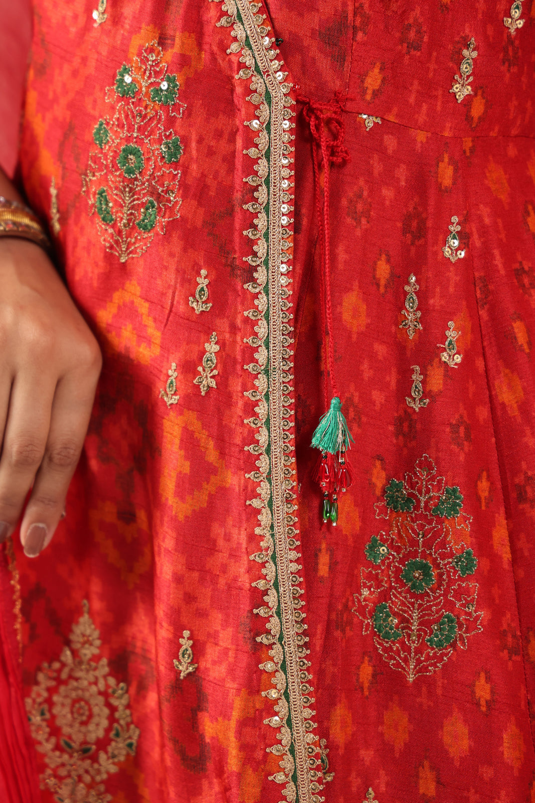 Red-Orange Raw Silk Anarkali Salwar Suit With Elegant Embroidery & Palazzo Pant