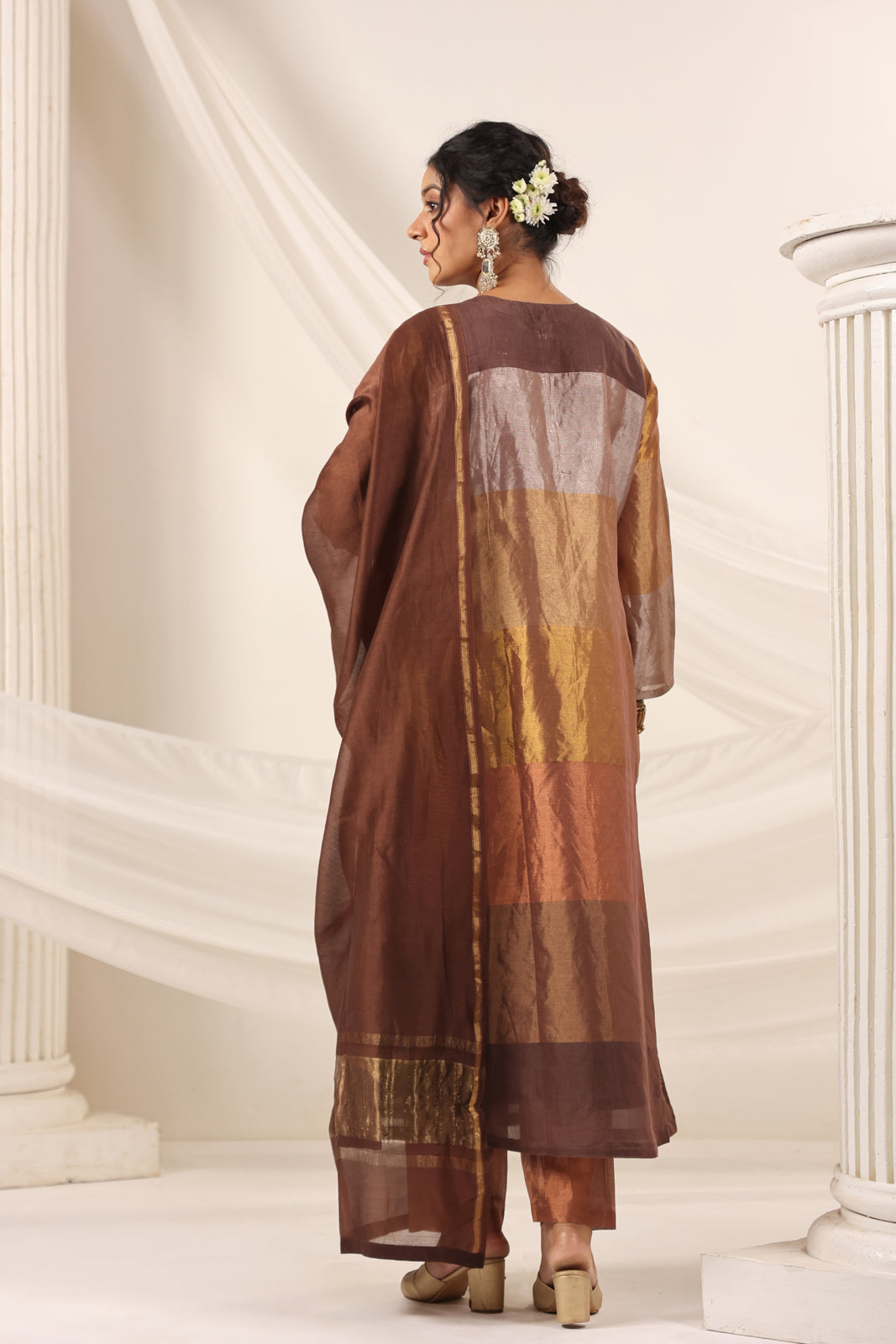 Golden Brown Tissue Silk Salwar Suit With Rich Embroidery & Straight Cut Pant