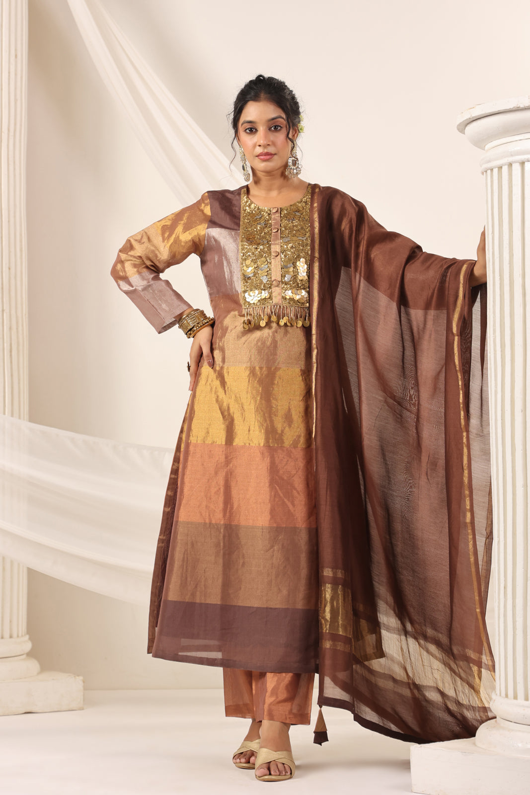Golden Brown Tissue Silk Salwar Suit With Rich Embroidery & Straight Cut Pant