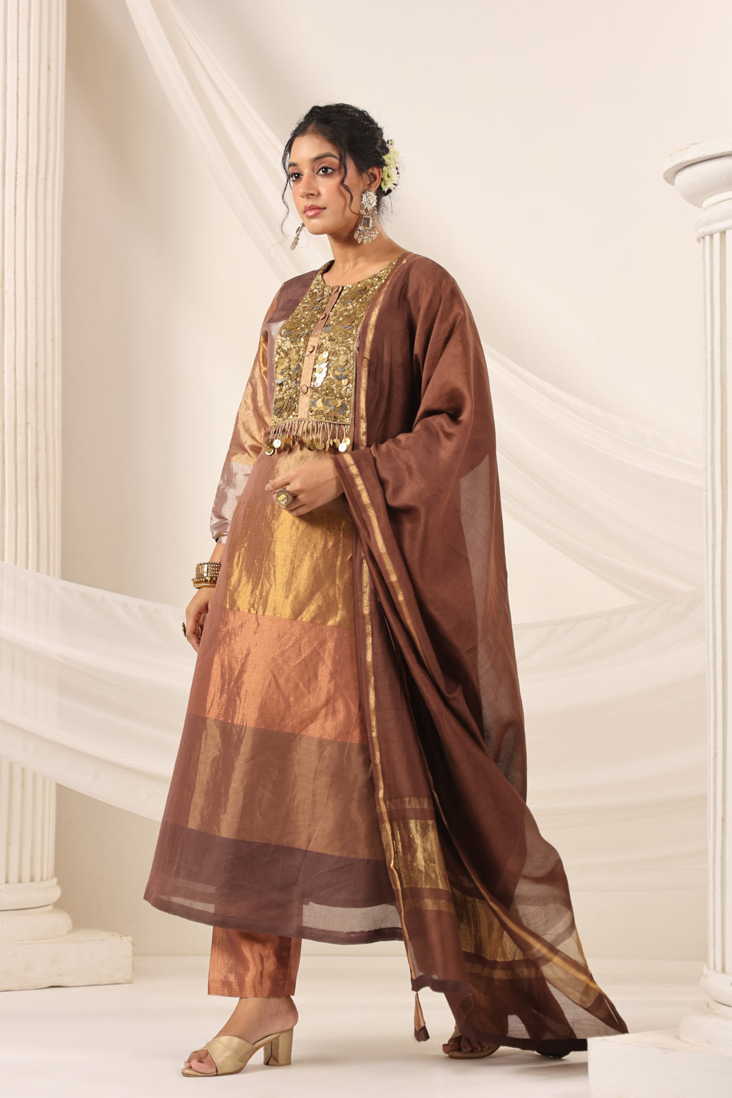 Golden Brown Tissue Silk Salwar Suit With Rich Embroidery & Straight Cut Pant