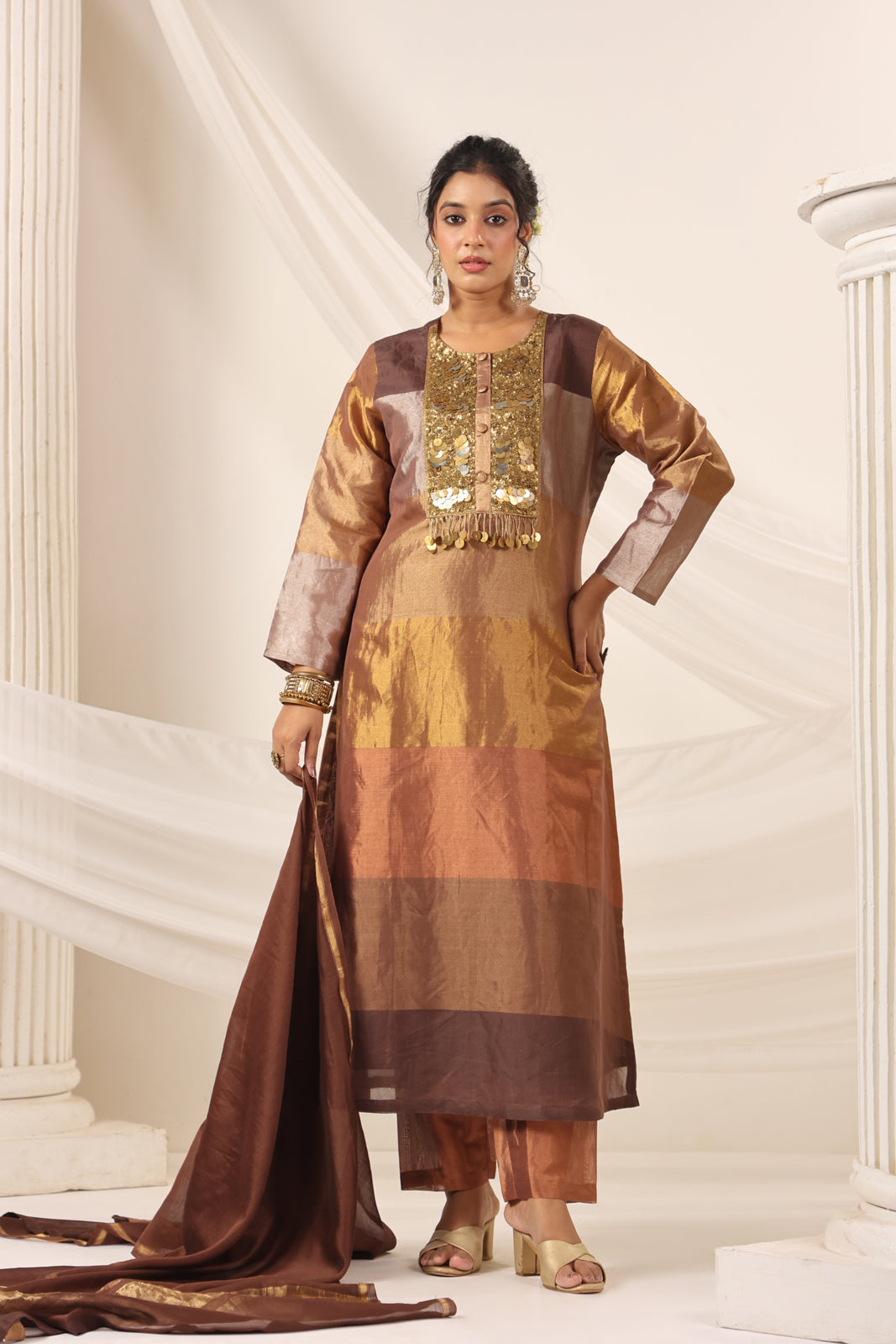 Golden Brown Tissue Silk Salwar Suit With Rich Embroidery & Straight Cut Pant