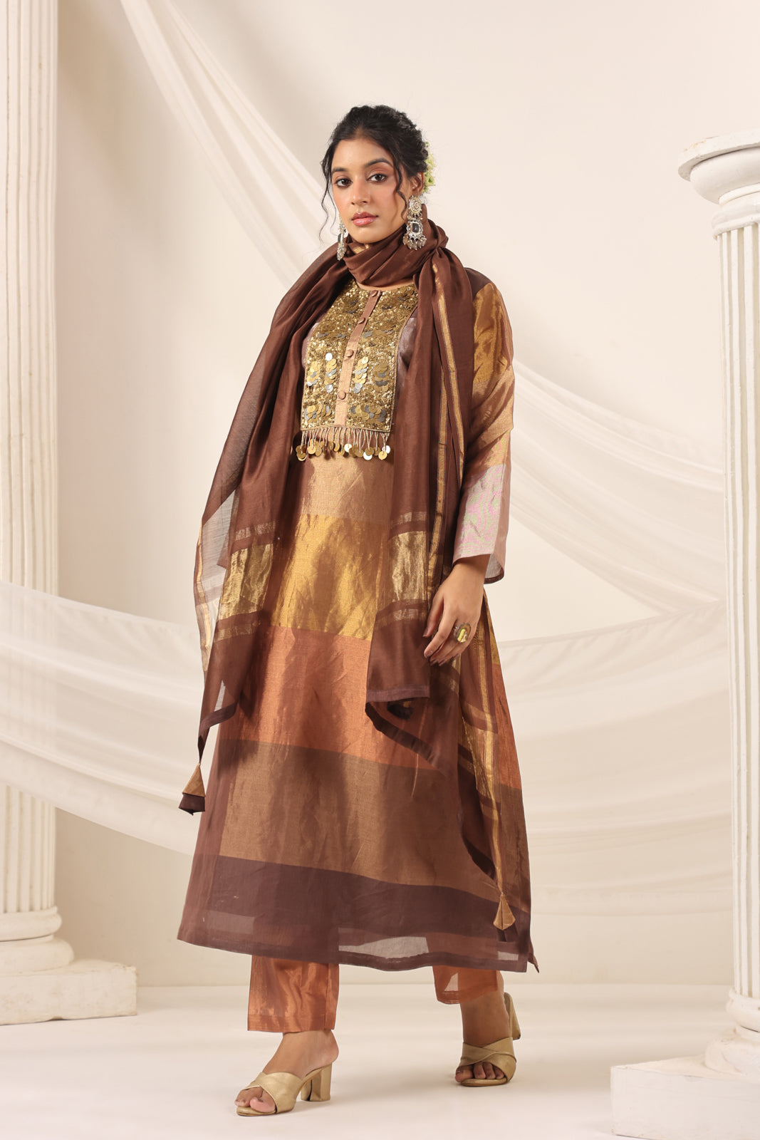Golden Brown Tissue Silk Salwar Suit With Rich Embroidery & Straight Cut Pant