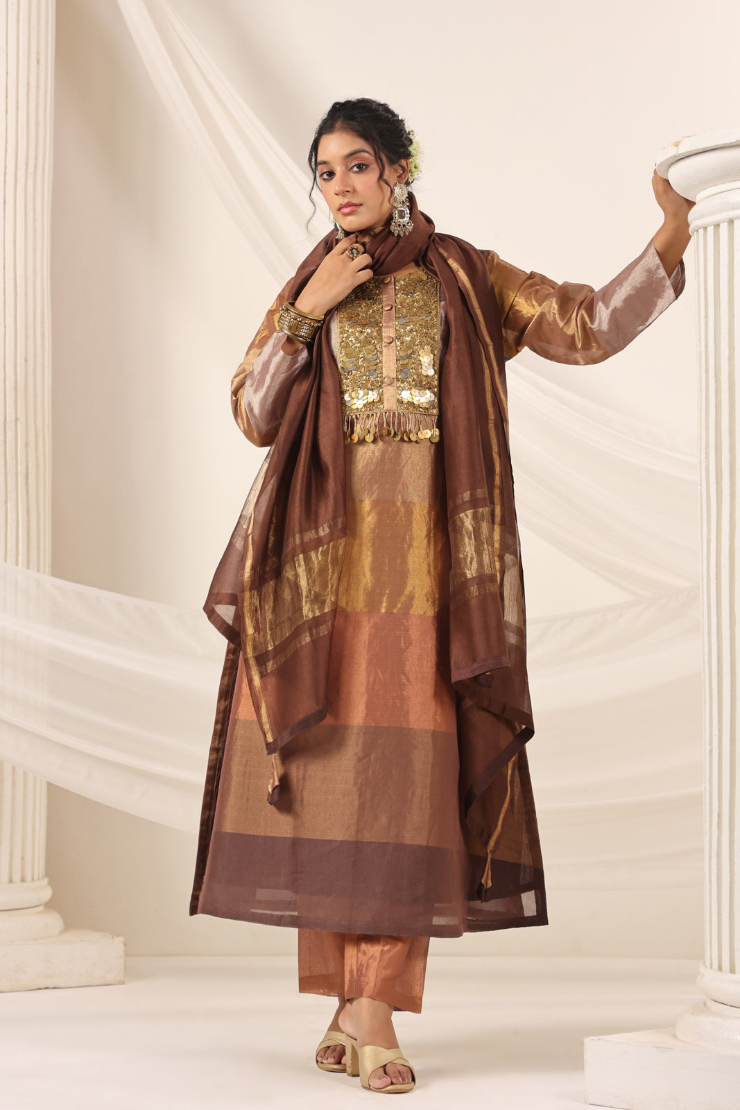 Golden Brown Tissue Silk Salwar Suit With Rich Embroidery & Straight Cut Pant