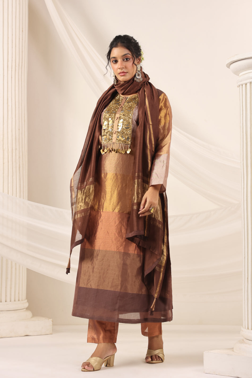 Golden Brown Tissue Silk Salwar Suit With Rich Embroidery & Straight Cut Pant
