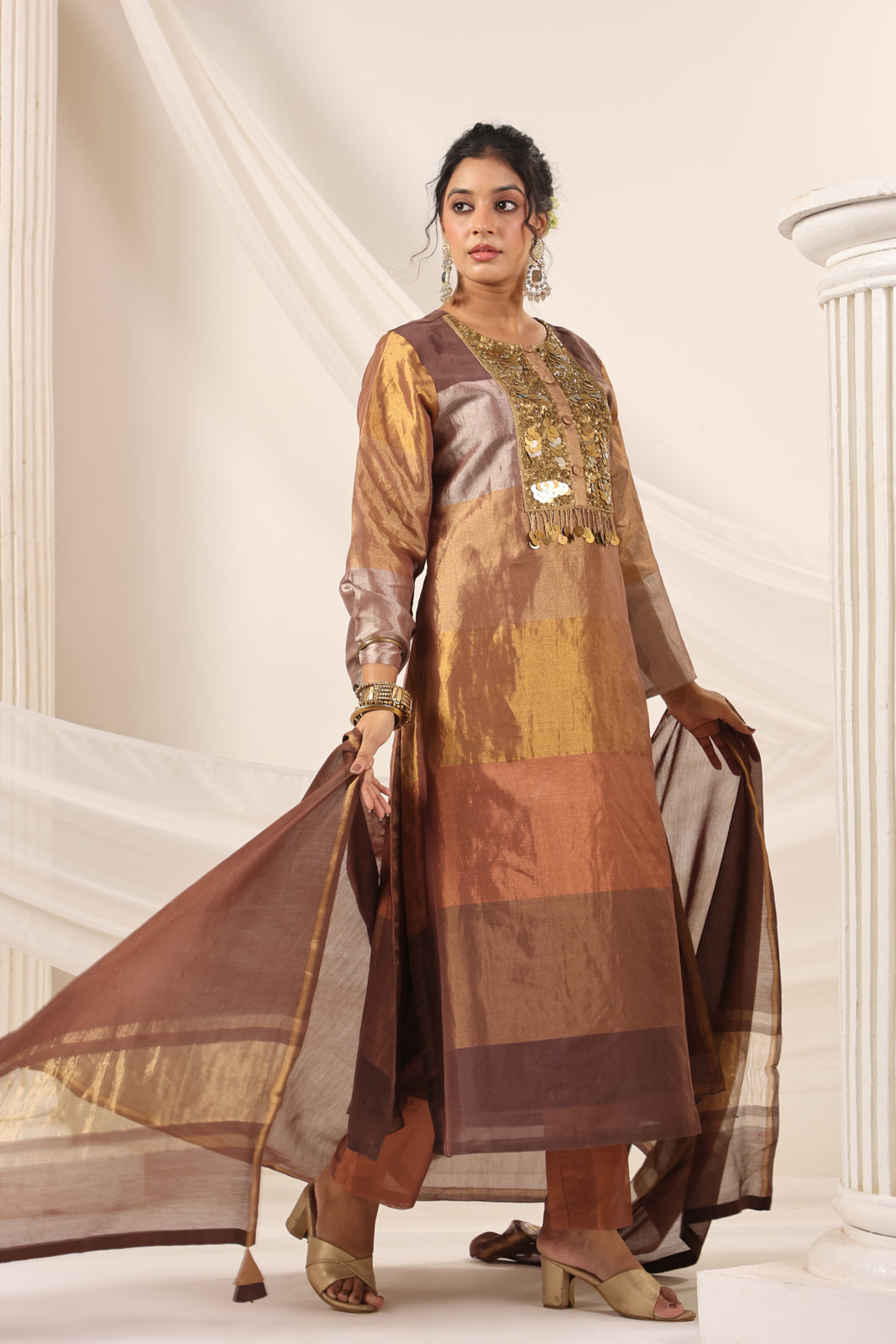 Golden Brown Tissue Silk Salwar Suit With Rich Embroidery & Straight Cut Pant