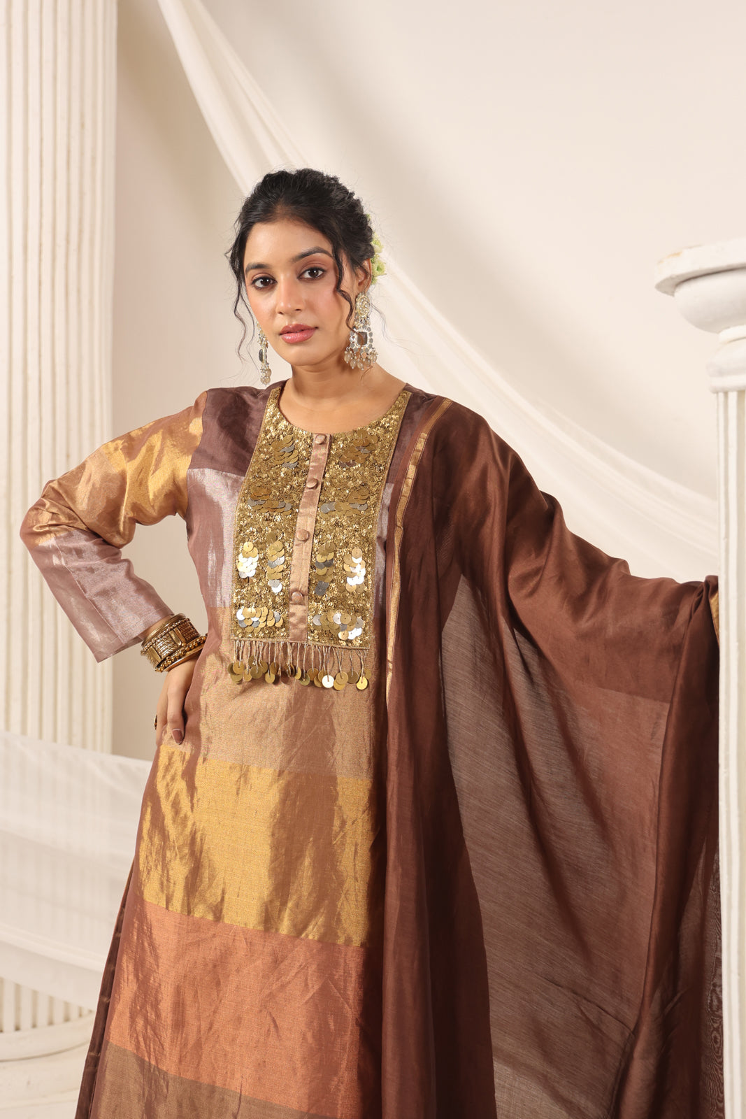 Golden Brown Tissue Silk Salwar Suit With Rich Embroidery & Straight Cut Pant