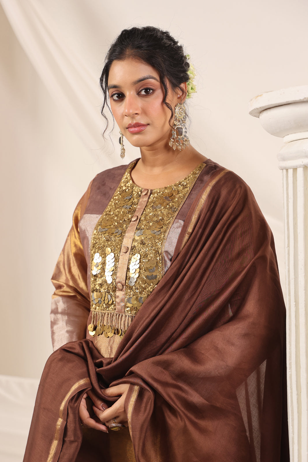 Golden Brown Tissue Silk Salwar Suit With Rich Embroidery & Straight Cut Pant