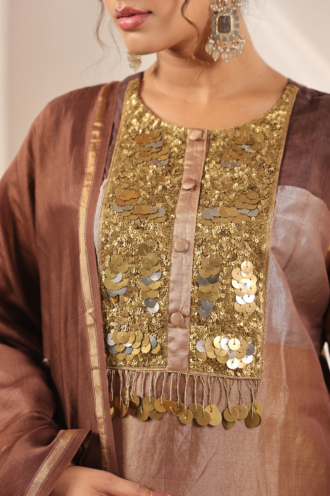 Golden Brown Tissue Silk Salwar Suit With Rich Embroidery & Straight Cut Pant