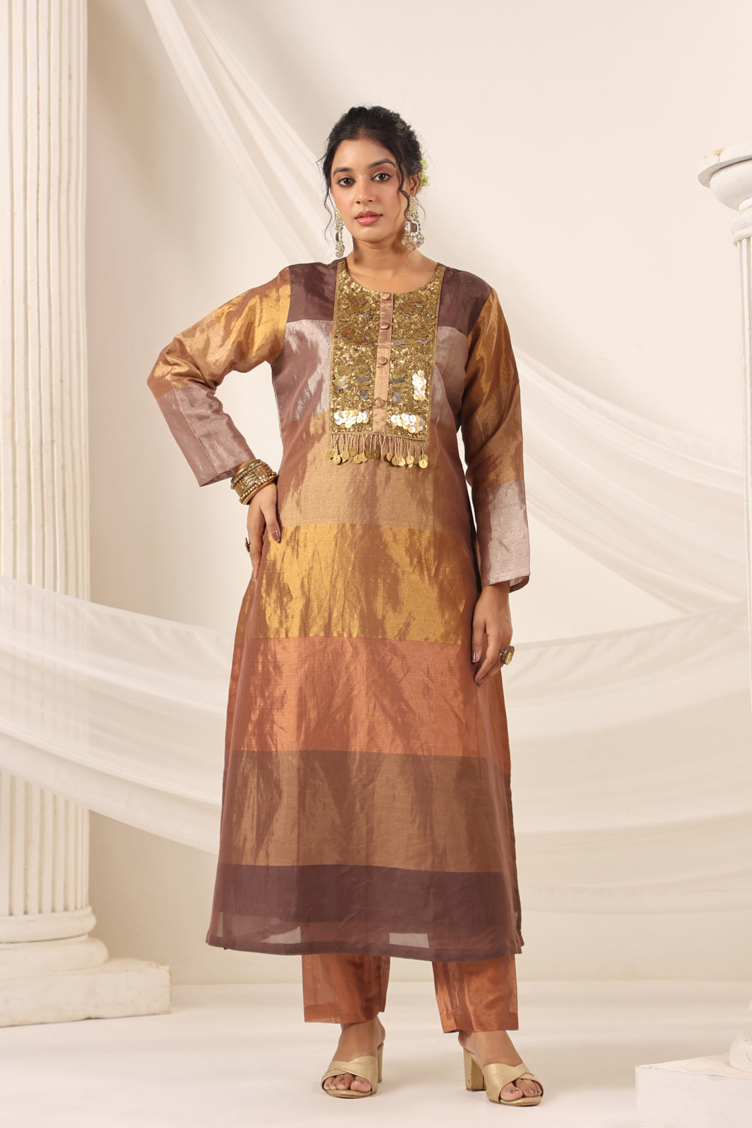 Golden Brown Tissue Silk Salwar Suit With Rich Embroidery & Straight Cut Pant