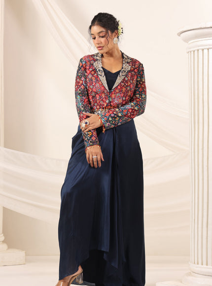 Navy Blue Fusion Pleaded Lehenga With Short Crop Top Paired With Contrast Printed Embroided Jacket