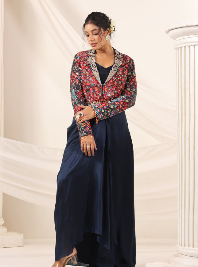 Navy Blue Fusion Pleaded Lehenga With Short Crop Top Paired With Contrast Printed Embroided Jacket