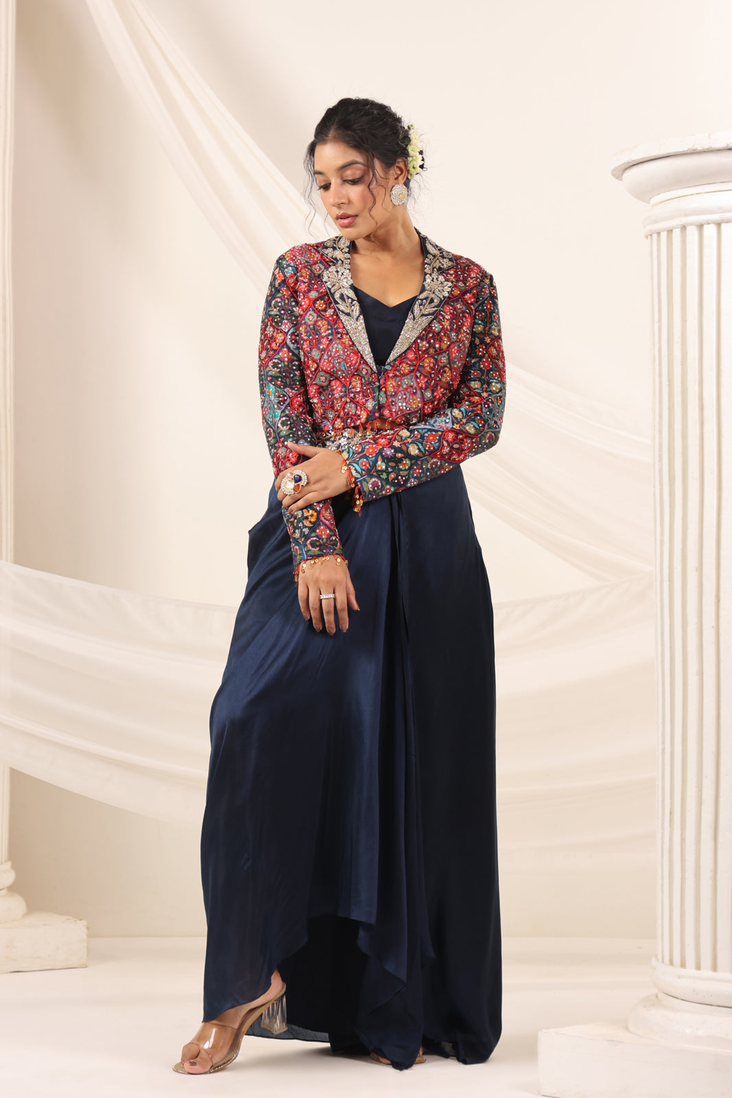 Navy Blue Fusion Pleaded Lehenga With Short Crop Top Paired With Contrast Printed Embroided Jacket