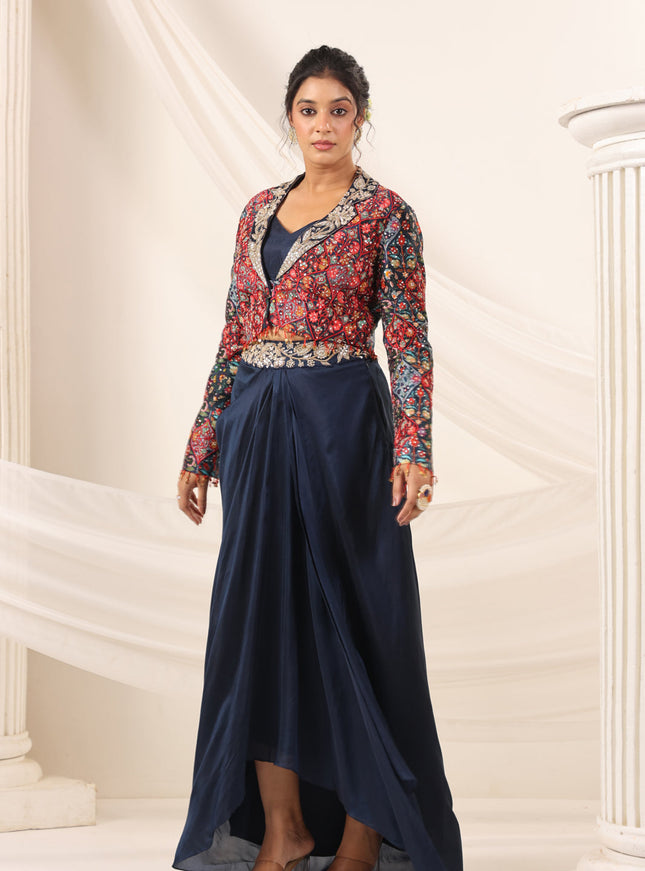 Navy Blue Fusion Pleaded Lehenga With Short Crop Top Paired With Contrast Printed Embroided Jacket