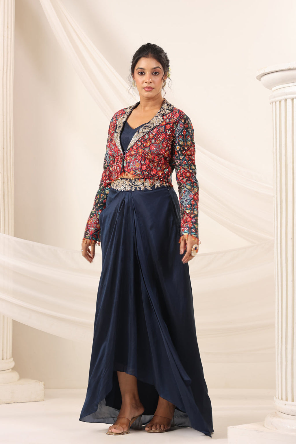 Navy Blue Fusion Pleaded Lehenga With Short Crop Top Paired With Contrast Printed Embroided Jacket