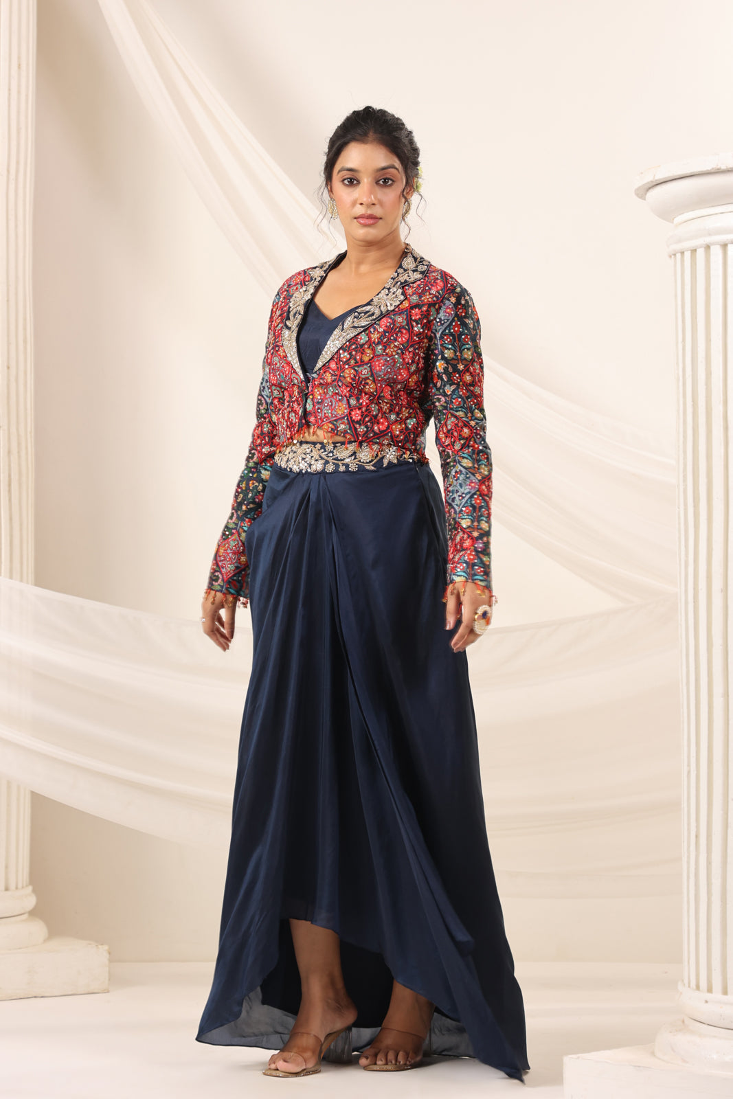 Navy Blue Fusion Pleaded Lehenga With Short Crop Top Paired With Contrast Printed Embroided Jacket