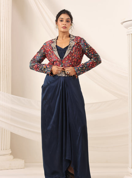 Navy Blue Fusion Pleaded Lehenga With Short Crop Top Paired With Contrast Printed Embroided Jacket