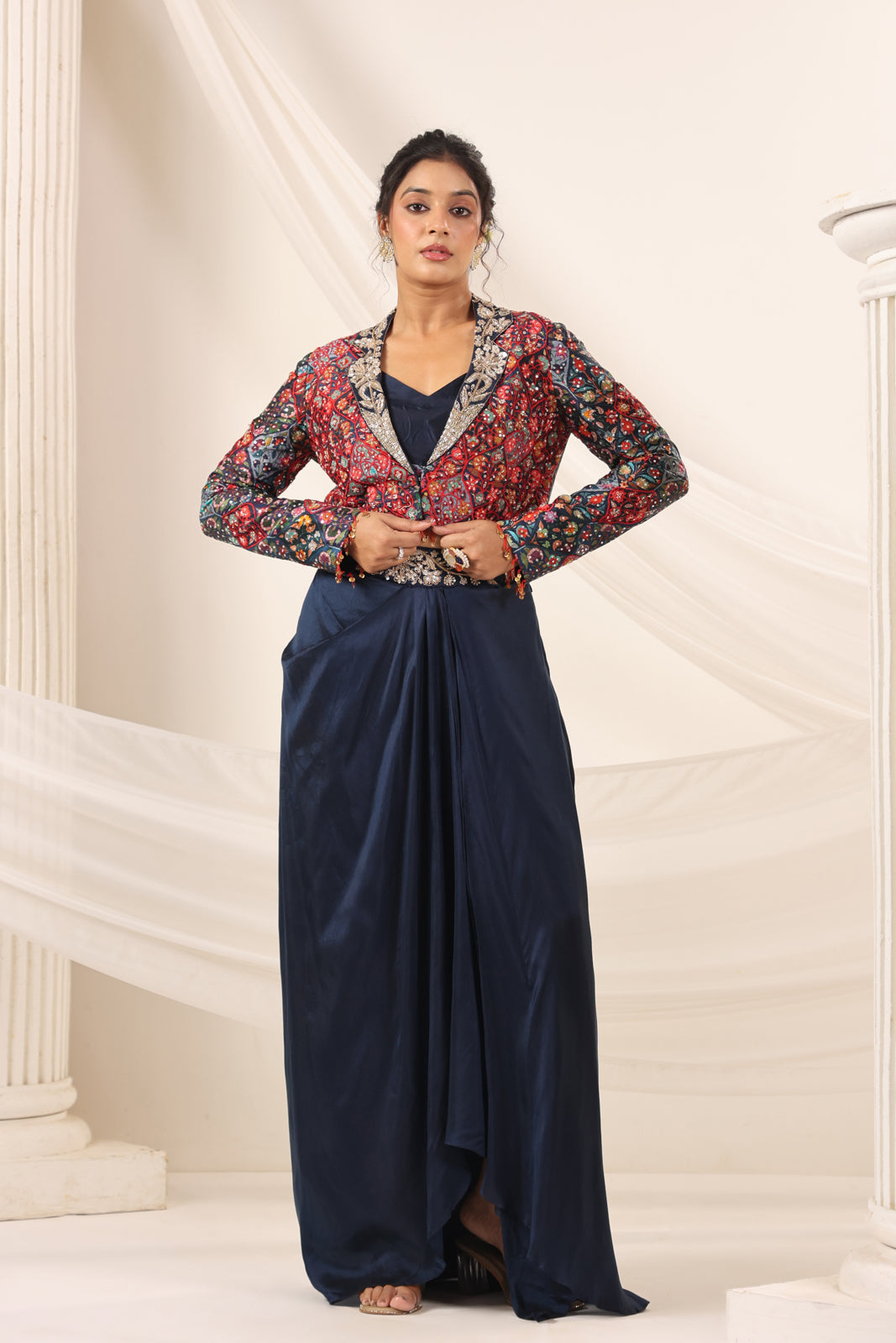 Navy Blue Fusion Pleaded Lehenga With Short Crop Top Paired With Contrast Printed Embroided Jacket