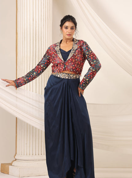 Navy Blue Fusion Pleaded Lehenga With Short Crop Top Paired With Contrast Printed Embroided Jacket