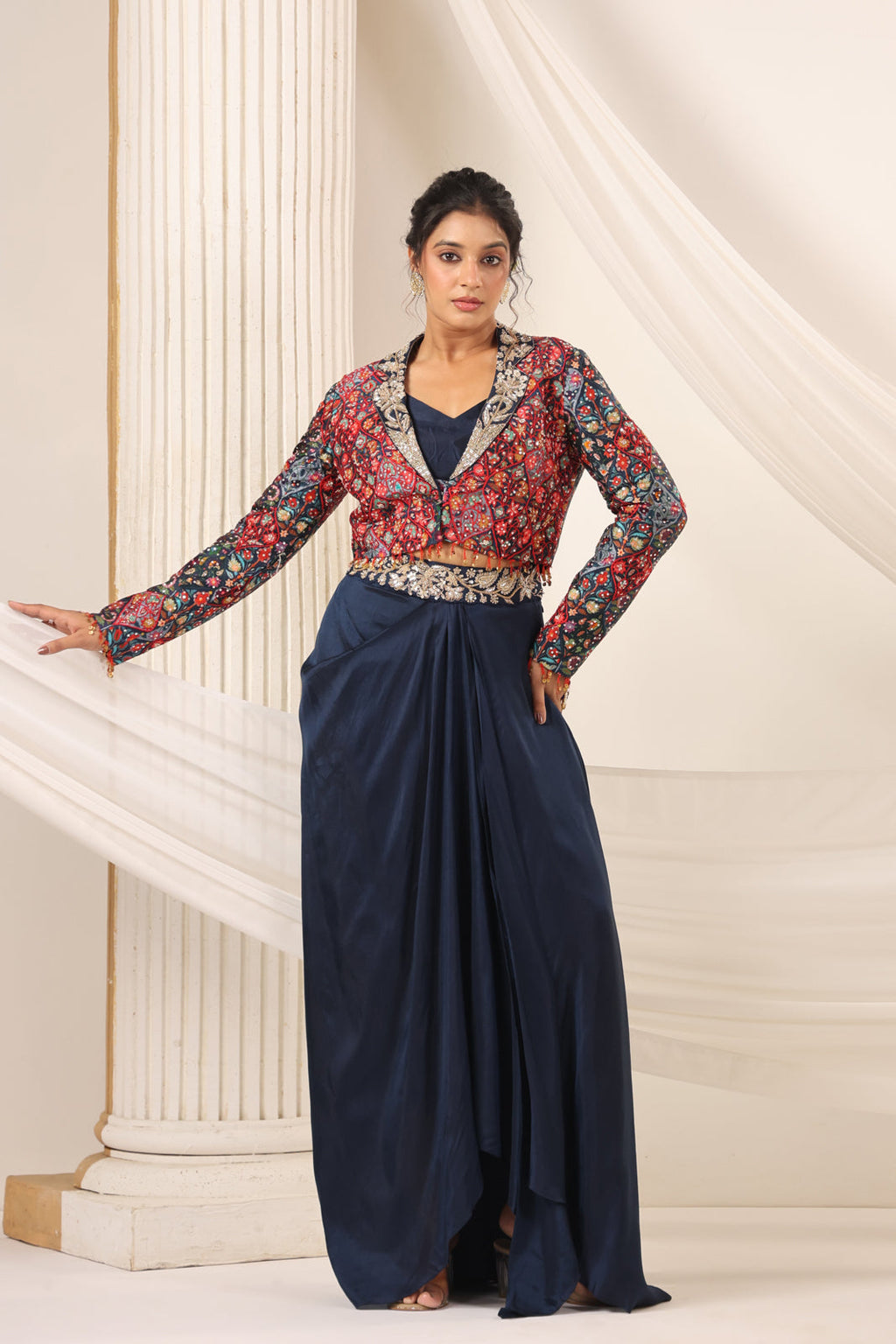 Navy Blue Fusion Pleaded Lehenga With Short Crop Top Paired With Contrast Printed Embroided Jacket