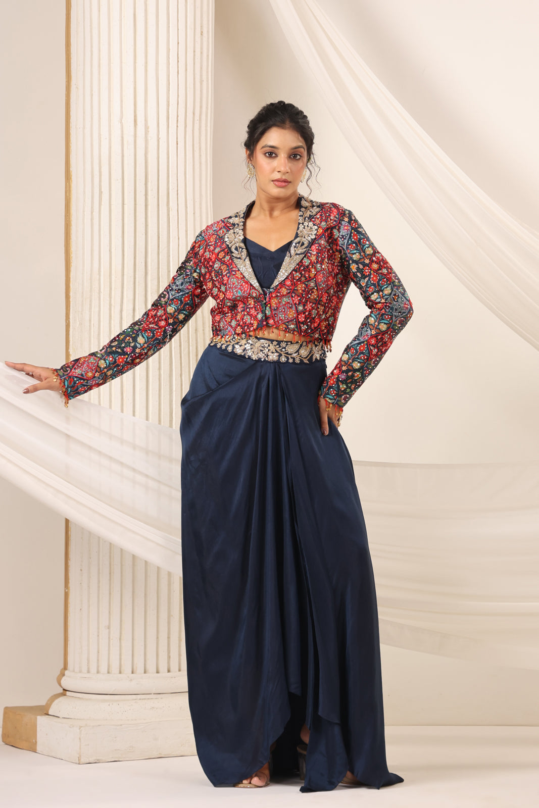 Navy Blue Fusion Pleaded Lehenga With Short Crop Top Paired With Contrast Printed Embroided Jacket