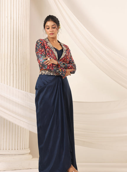 Navy Blue Fusion Pleaded Lehenga With Short Crop Top Paired With Contrast Printed Embroided Jacket