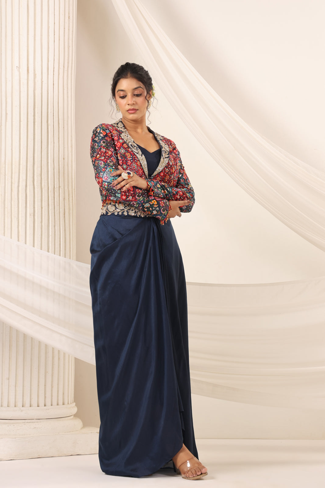 Navy Blue Fusion Pleaded Lehenga With Short Crop Top Paired With Contrast Printed Embroided Jacket