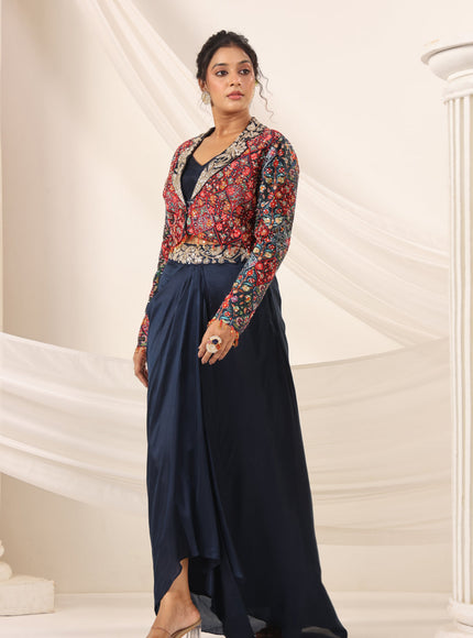 Navy Blue Fusion Pleaded Lehenga With Short Crop Top Paired With Contrast Printed Embroided Jacket