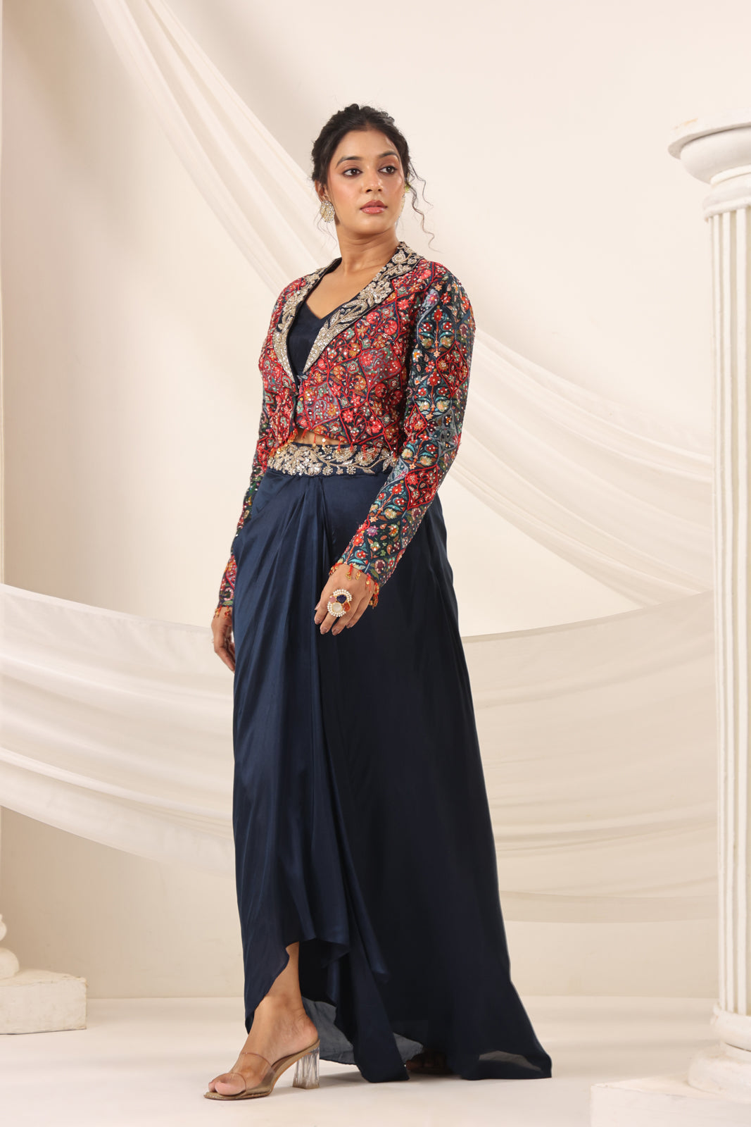 Navy Blue Fusion Pleaded Lehenga With Short Crop Top Paired With Contrast Printed Embroided Jacket