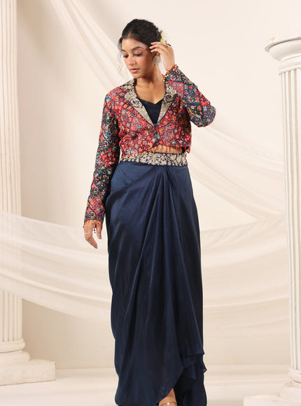 Navy Blue Fusion Pleaded Lehenga With Short Crop Top Paired With Contrast Printed Embroided Jacket