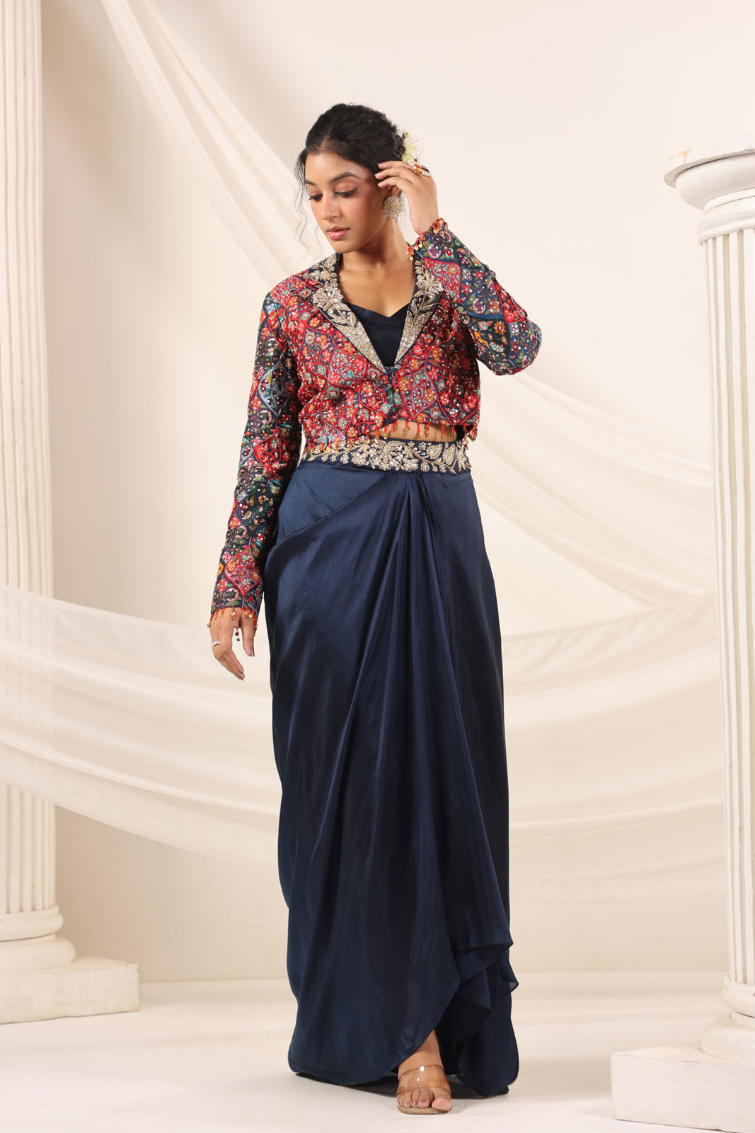 Navy Blue Fusion Pleaded Lehenga With Short Crop Top Paired With Contrast Printed Embroided Jacket