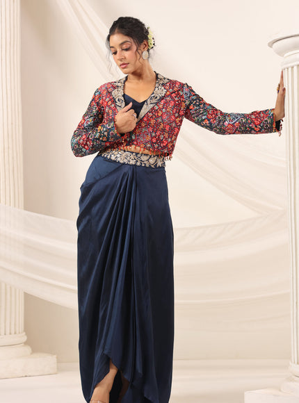 Navy Blue Fusion Pleaded Lehenga With Short Crop Top Paired With Contrast Printed Embroided Jacket