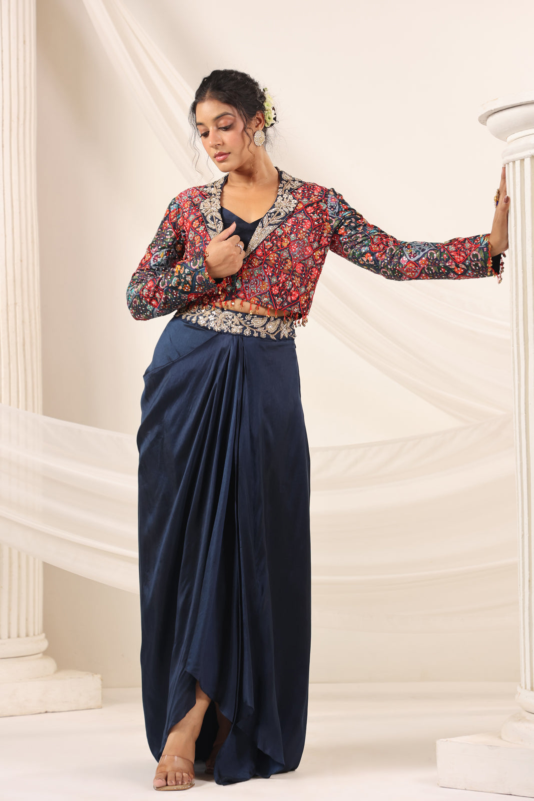Navy Blue Fusion Pleaded Lehenga With Short Crop Top Paired With Contrast Printed Embroided Jacket