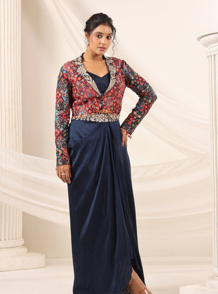 Navy Blue Fusion Pleaded Lehenga With Short Crop Top Paired With Contrast Printed Embroided Jacket