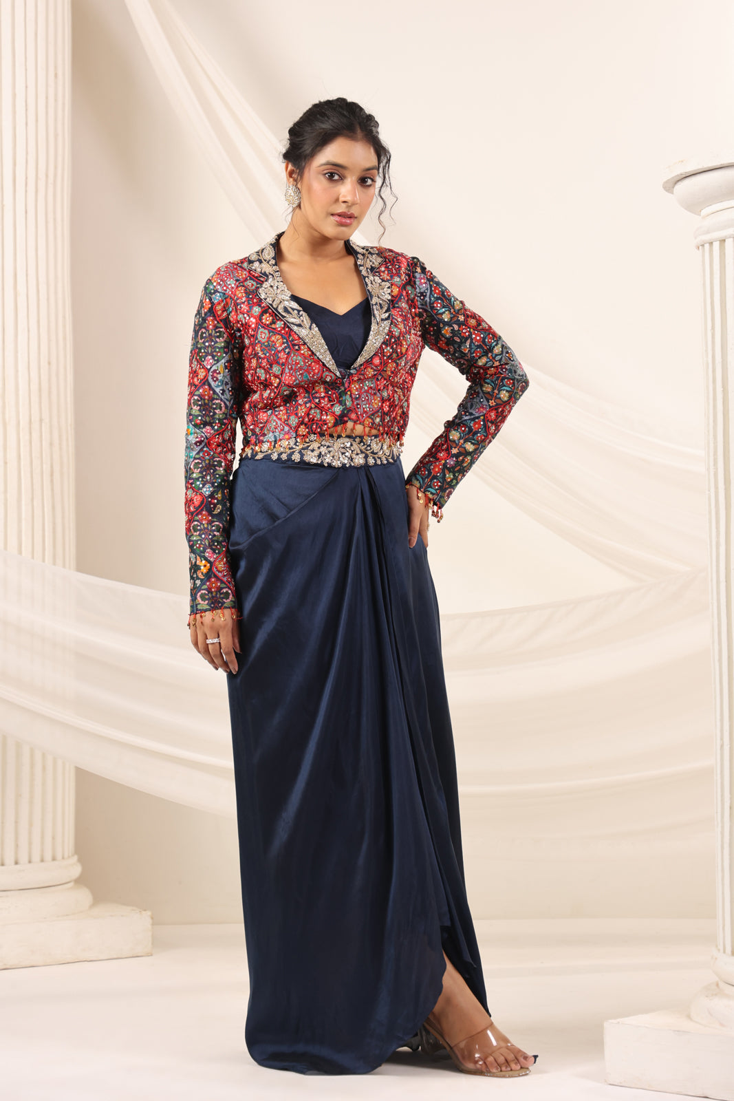 Navy Blue Fusion Pleaded Lehenga With Short Crop Top Paired With Contrast Printed Embroided Jacket