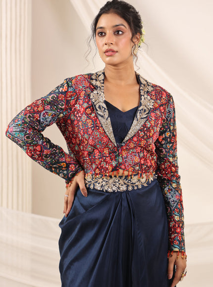 Navy Blue Fusion Pleaded Lehenga With Short Crop Top Paired With Contrast Printed Embroided Jacket