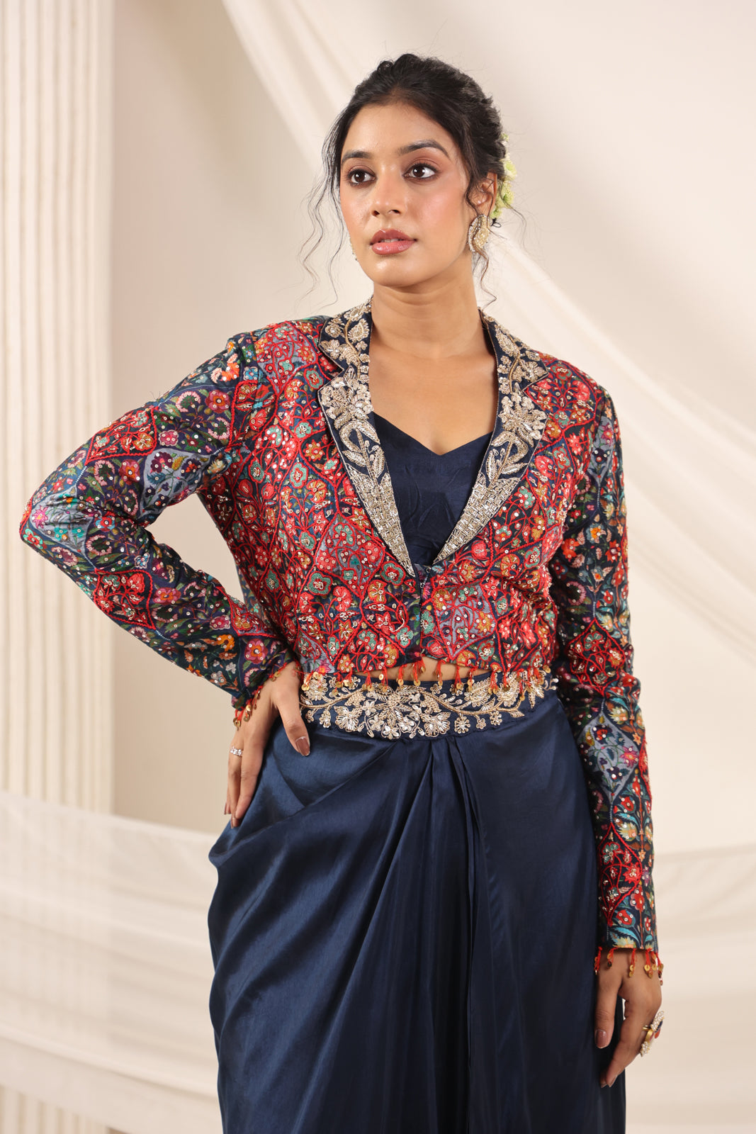 Navy Blue Fusion Pleaded Lehenga With Short Crop Top Paired With Contrast Printed Embroided Jacket