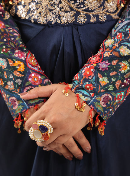 Navy Blue Fusion Pleaded Lehenga With Short Crop Top Paired With Contrast Printed Embroided Jacket