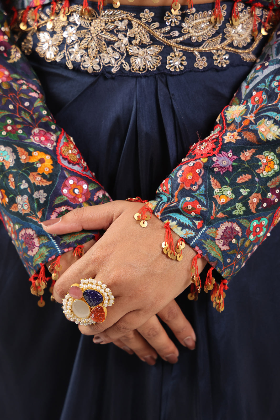 Navy Blue Fusion Pleaded Lehenga With Short Crop Top Paired With Contrast Printed Embroided Jacket