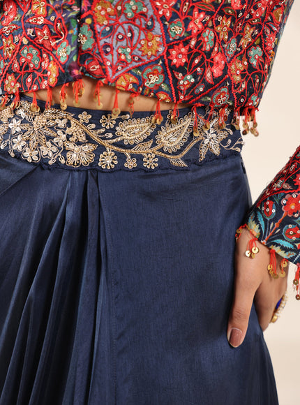 Navy Blue Fusion Pleaded Lehenga With Short Crop Top Paired With Contrast Printed Embroided Jacket