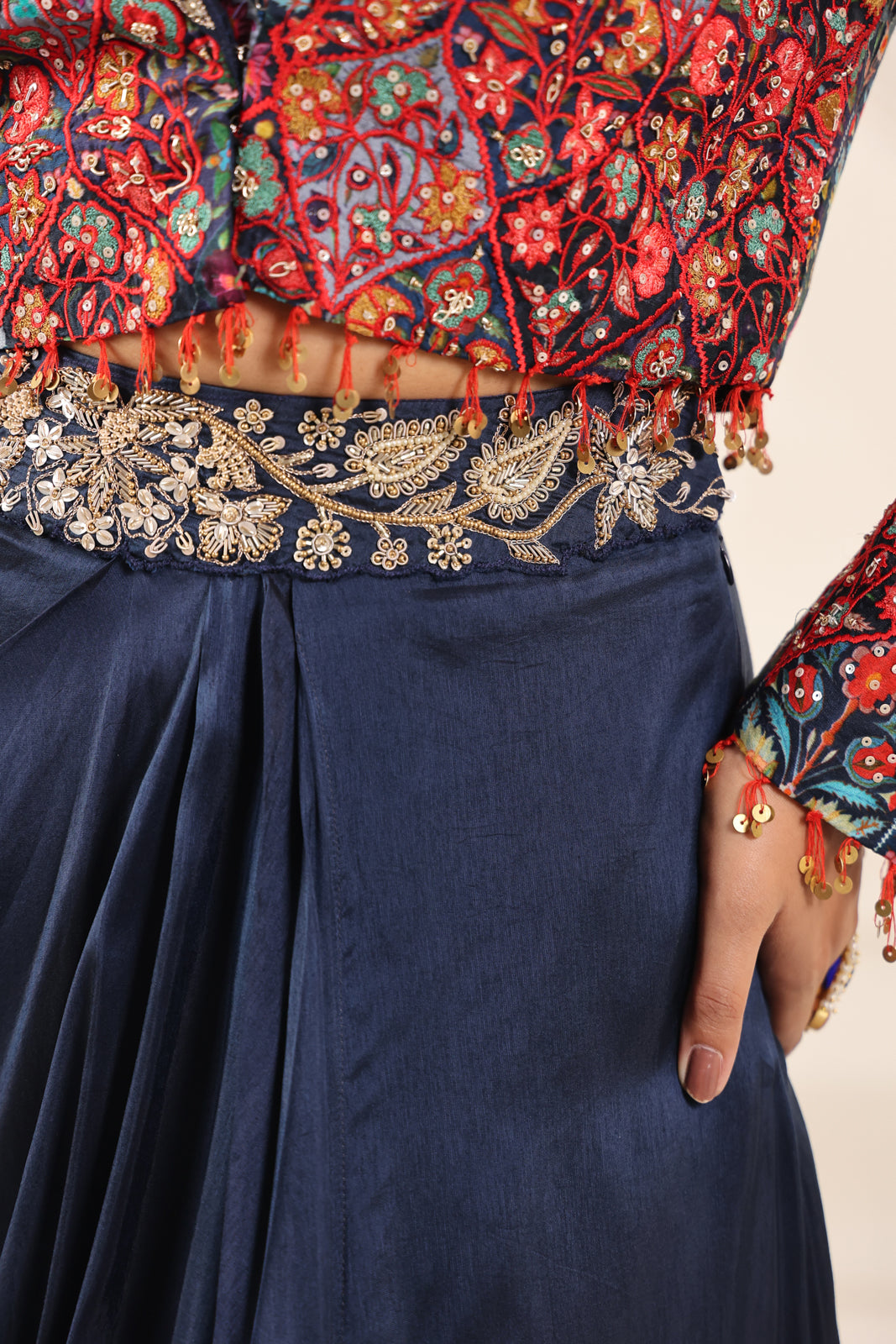 Navy Blue Fusion Pleaded Lehenga With Short Crop Top Paired With Contrast Printed Embroided Jacket