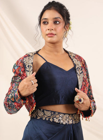 Navy Blue Fusion Pleaded Lehenga With Short Crop Top Paired With Contrast Printed Embroided Jacket