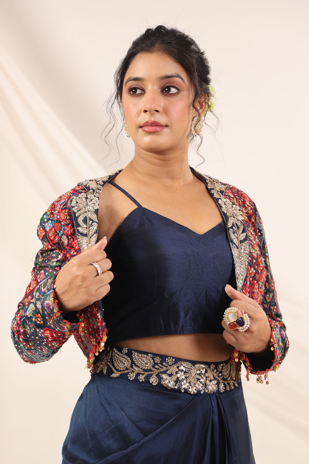 Navy Blue Fusion Pleaded Lehenga With Short Crop Top Paired With Contrast Printed Embroided Jacket
