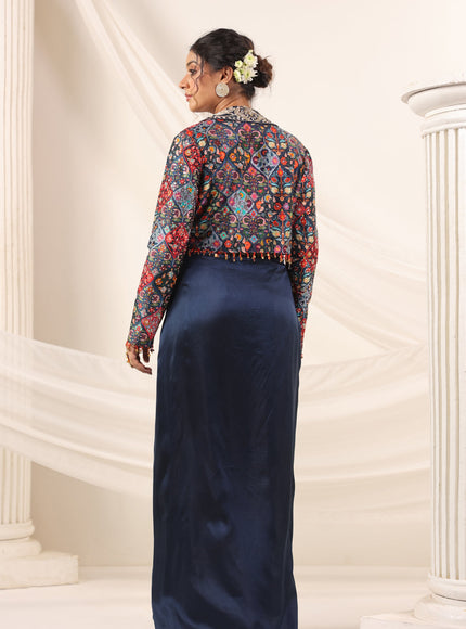 Navy Blue Fusion Pleaded Lehenga With Short Crop Top Paired With Contrast Printed Embroided Jacket