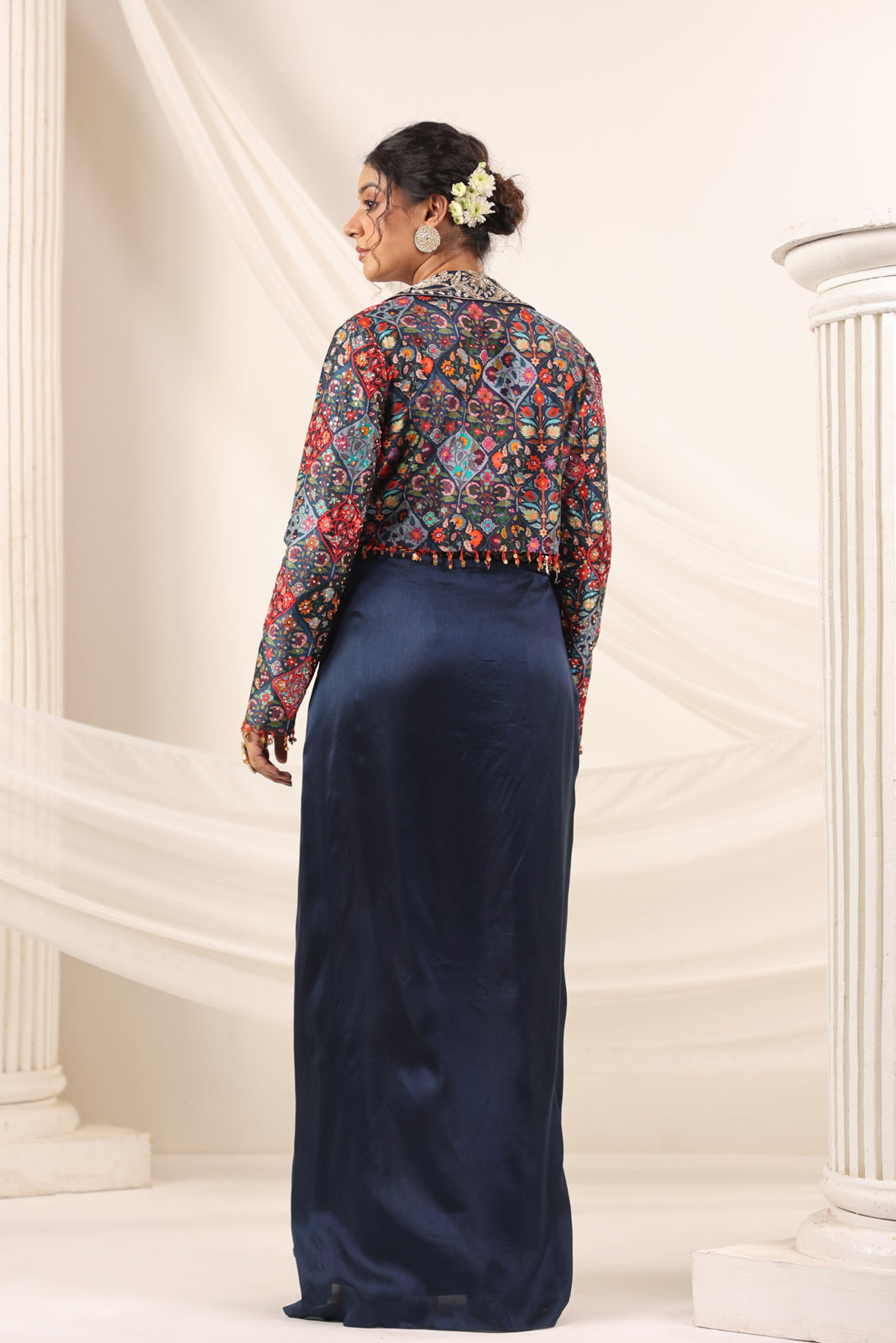 Navy Blue Fusion Pleaded Lehenga With Short Crop Top Paired With Contrast Printed Embroided Jacket