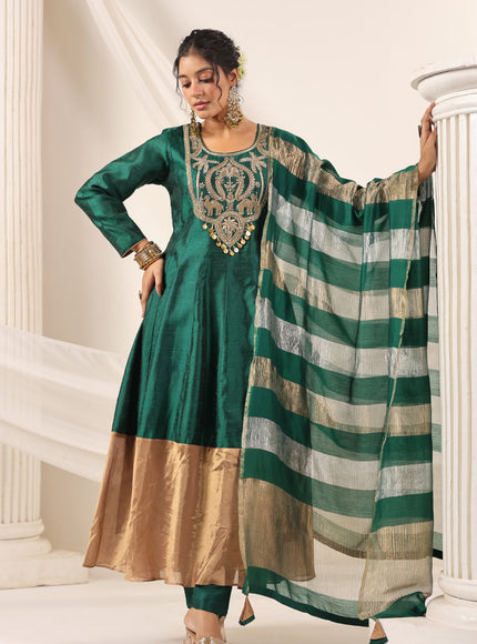 Emerald Green Raw Silk Anarkali Salwar Suit With Heavy Embroidery & Rich Duaptta