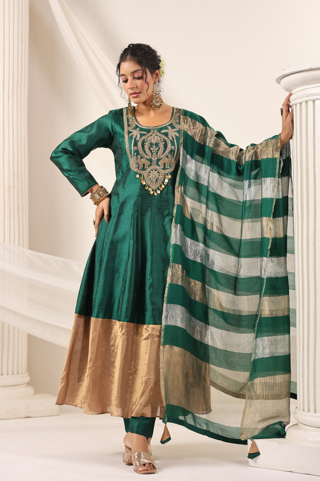 Emerald Green Raw Silk Anarkali Salwar Suit With Heavy Embroidery & Rich Duaptta