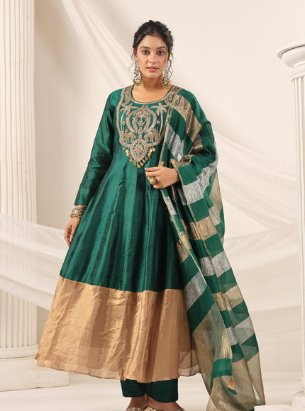 Emerald Green Raw Silk Anarkali Salwar Suit With Heavy Embroidery & Rich Duaptta