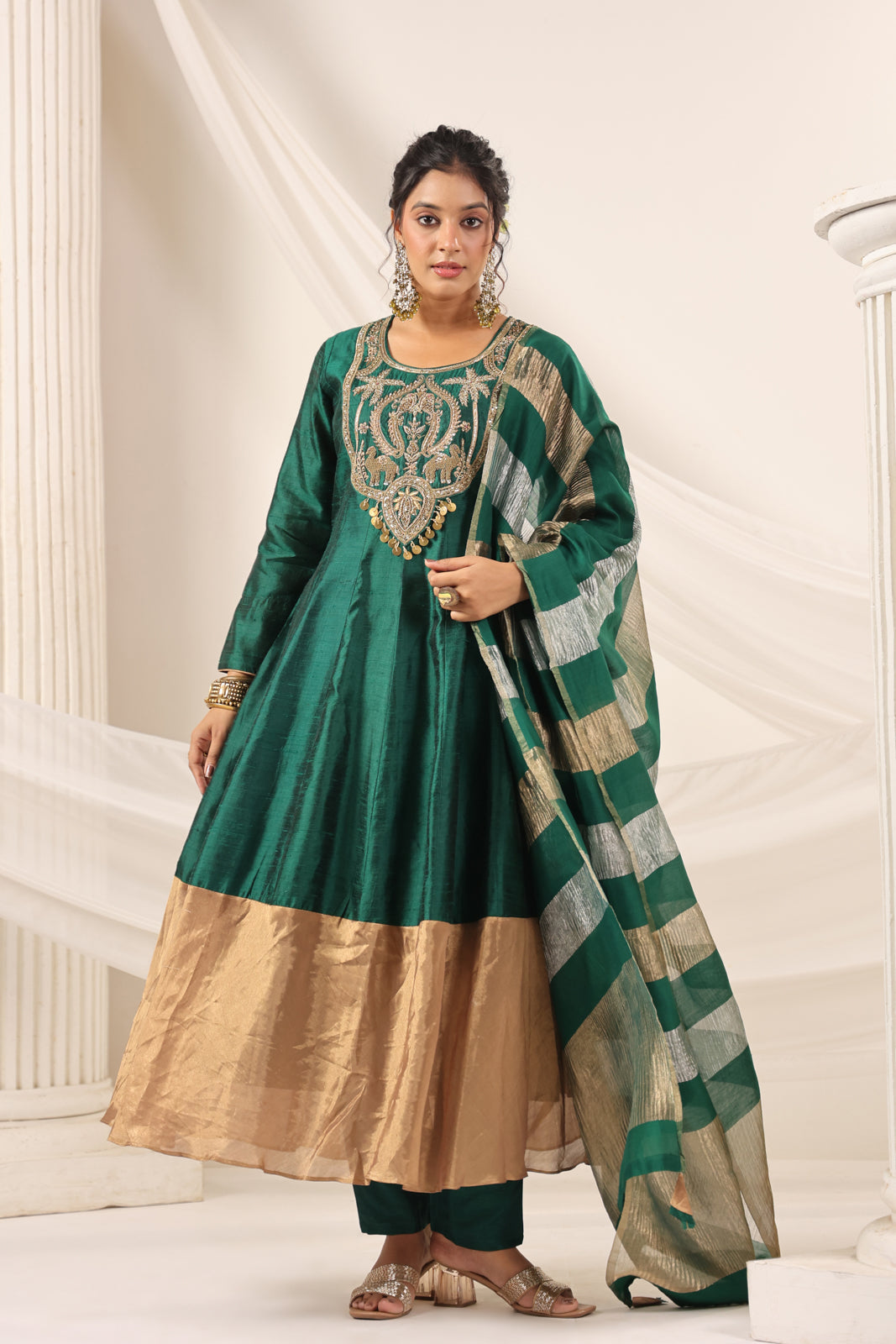 Emerald Green Raw Silk Anarkali Salwar Suit With Heavy Embroidery & Rich Duaptta