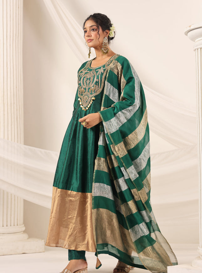 Emerald Green Raw Silk Anarkali Salwar Suit With Heavy Embroidery & Rich Duaptta
