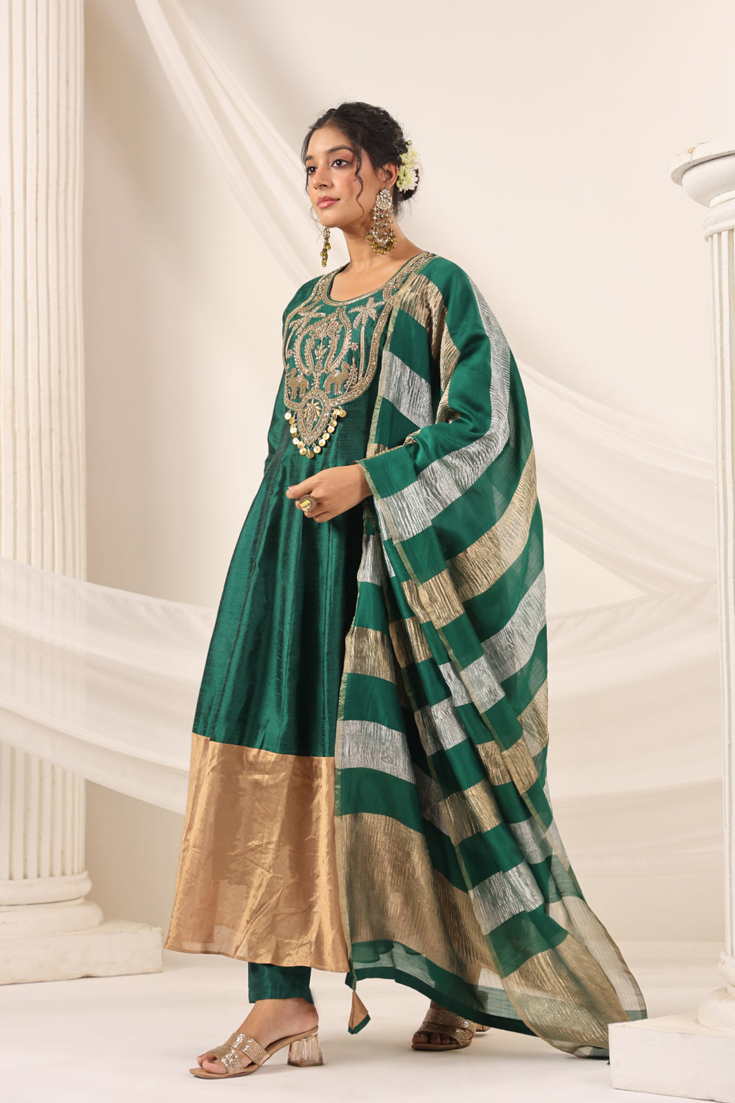 Emerald Green Raw Silk Anarkali Salwar Suit With Heavy Embroidery & Rich Duaptta